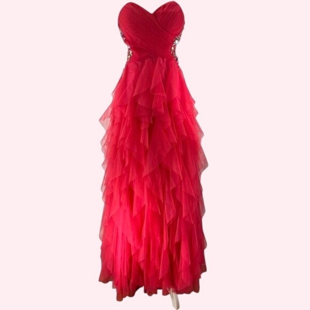 Masquerade coral color Strapless Ruffled Gown With Rhinestones Size 1/2 Prom Dre